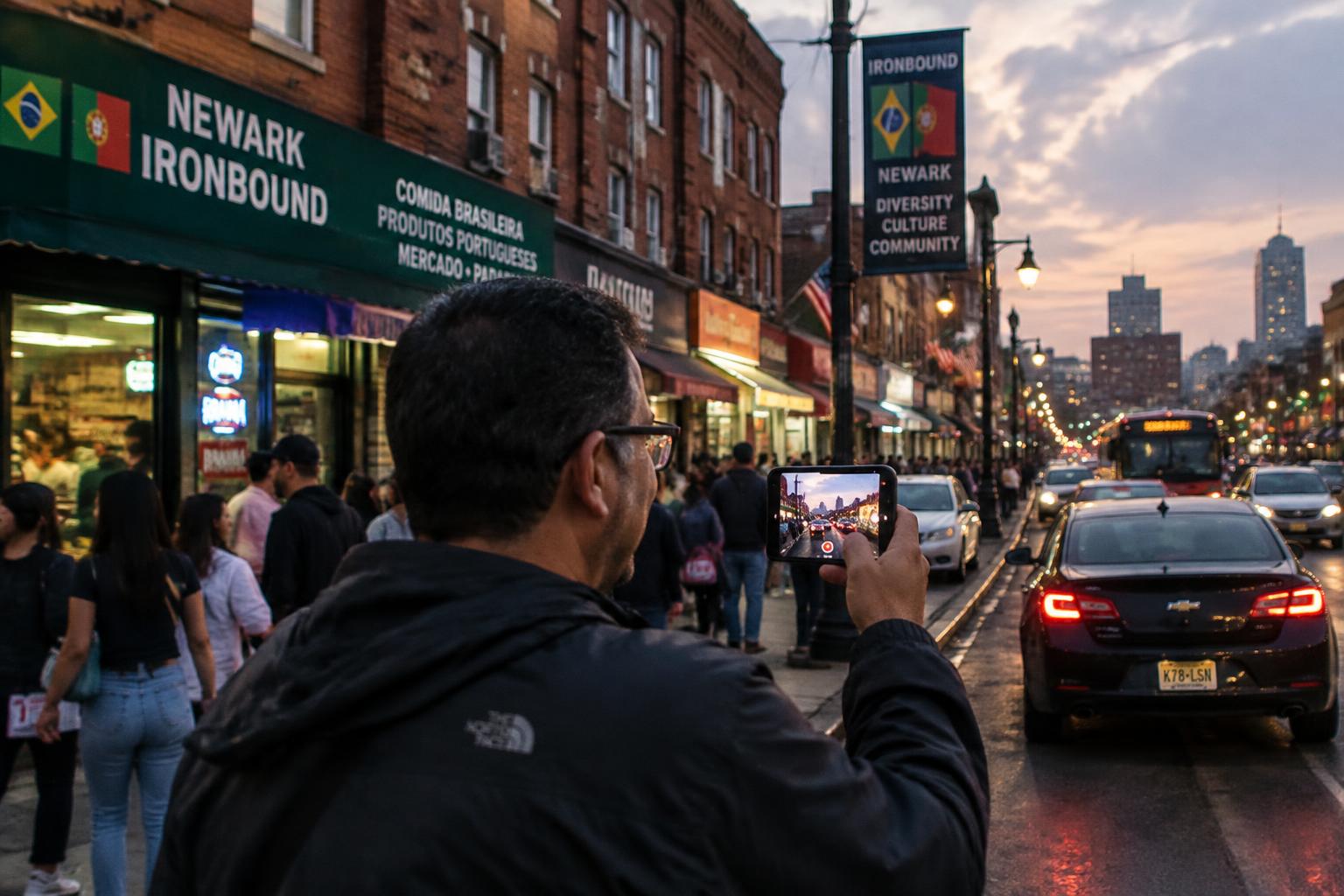 Carlão filmando a rua no Ironbound, Newark