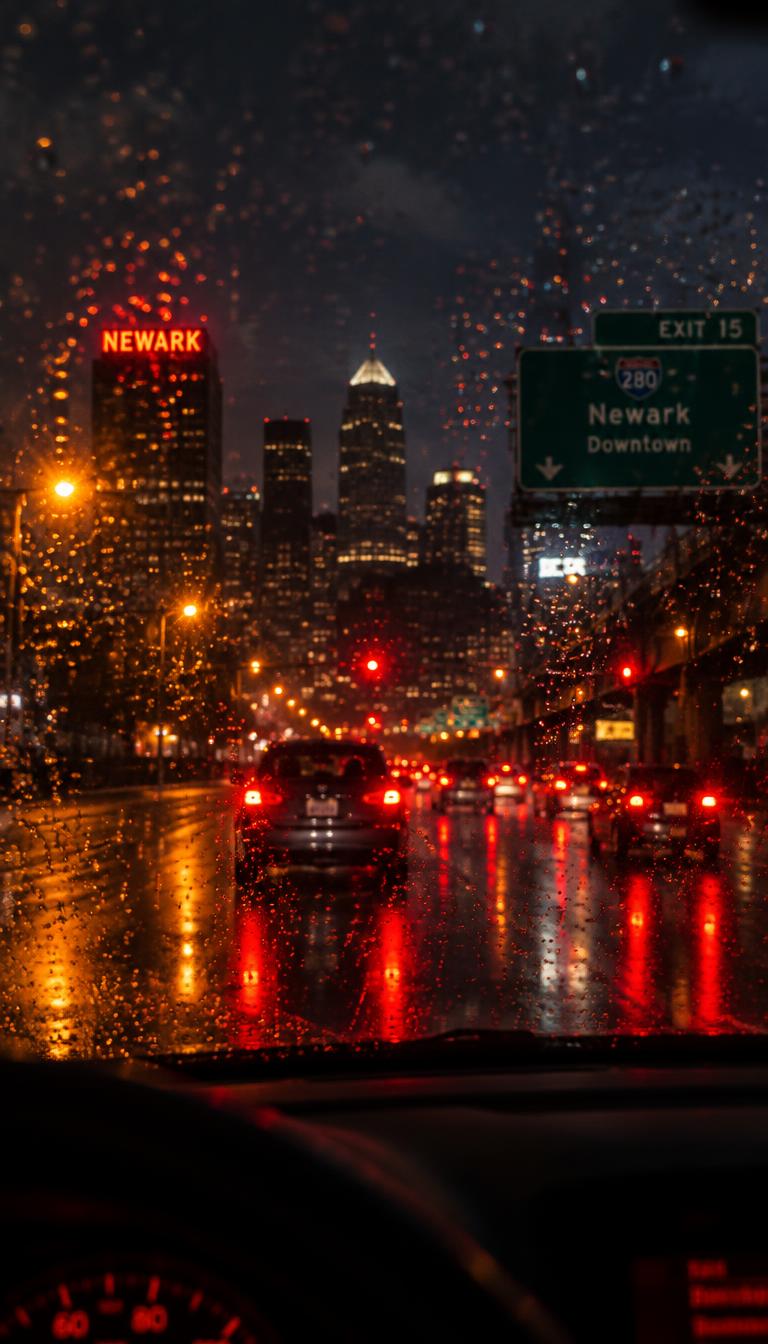 Noite de chuva forte em Newark. Dirija com cuidado.